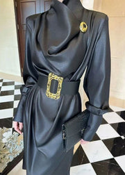 French Black Sashes Side Open Silk Long Dresses Fall