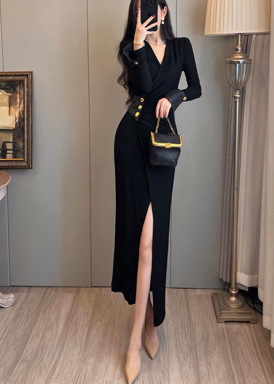 French Black Side Open Silm Fit Cotton Vestidos Dresses Fall