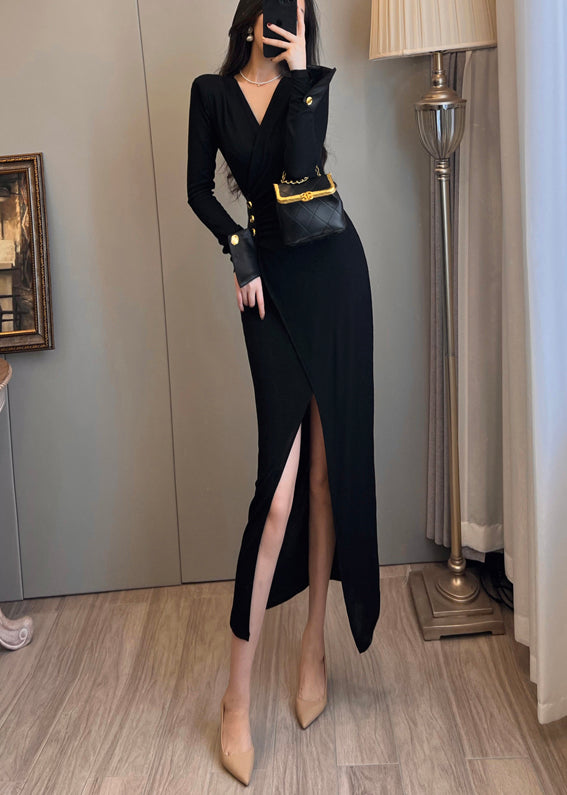 French Black Side Open Silm Fit Cotton Vestidos Dresses Fall
