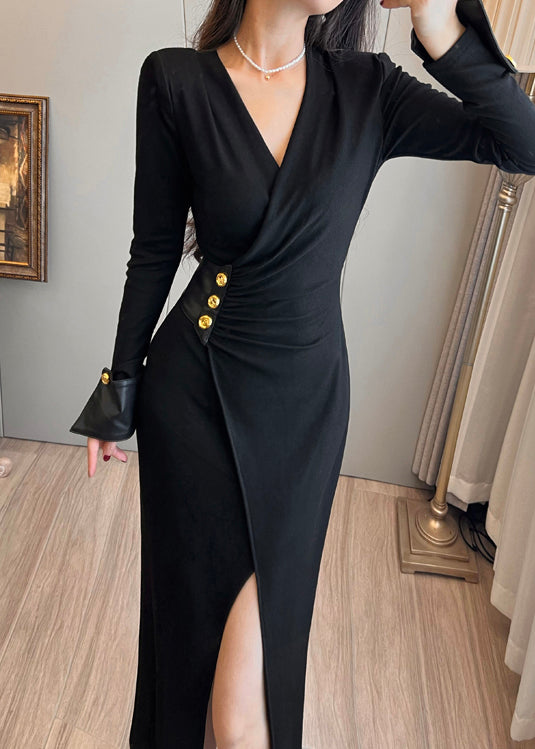 French Black Side Open Silm Fit Cotton Vestidos Dresses Fall