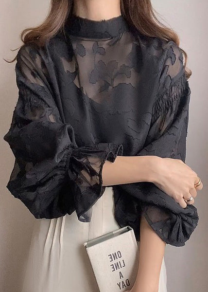 French Black Stand Collar Jacquard Chiffon Top Fall
