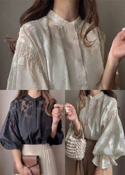French Black Stand Collar Jacquard Chiffon Top Fall