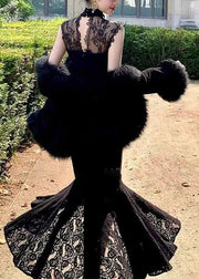 French Black Stand Collar Lace Patchwork Silk Velvet Evening Dress Sleeveless