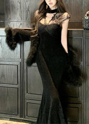 French Black Stand Collar Lace Patchwork Silk Velvet Evening Dress Sleeveless
