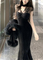 French Black Stand Collar Lace Patchwork Silk Velvet Evening Dress Sleeveless