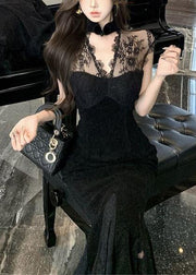 French Black Stand Collar Lace Patchwork Silk Velvet Evening Dress Sleeveless