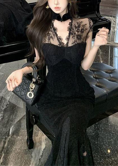 French Black Stand Collar Lace Patchwork Silk Velvet Evening Dress Sleeveless