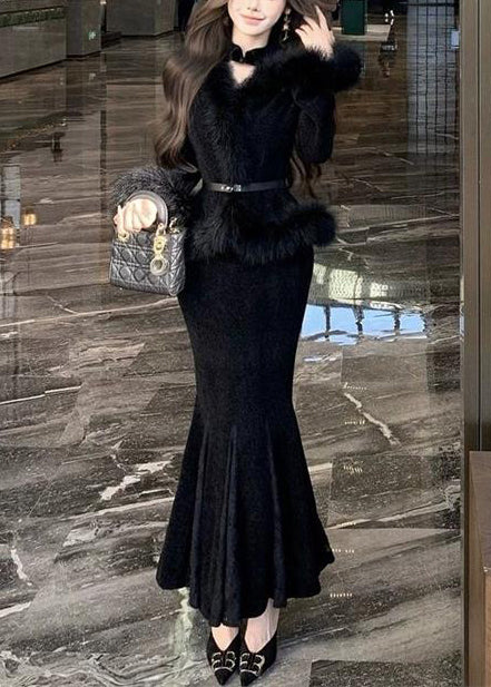 French Black Stand Collar Lace Patchwork Silk Velvet Evening Dress Sleeveless