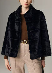 French Black Stand Collar Mink Velvet Jacket Winter