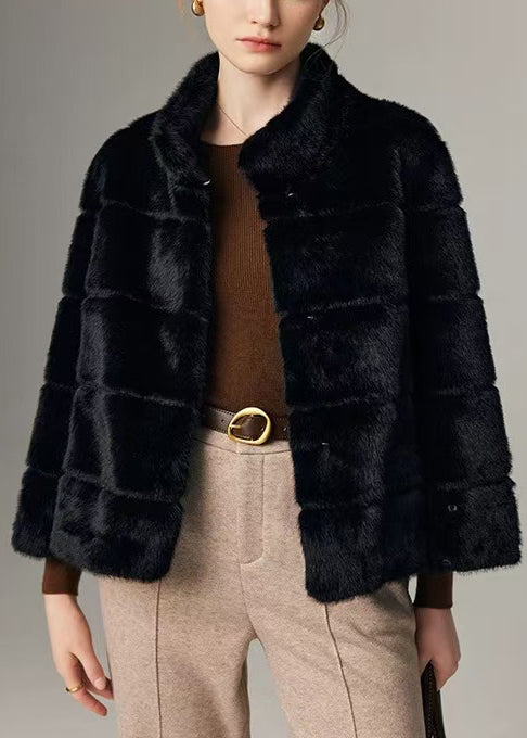 French Black Stand Collar Mink Velvet Jacket Winter