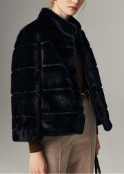 French Black Stand Collar Mink Velvet Jacket Winter