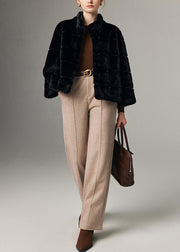 French Black Stand Collar Mink Velvet Jacket Winter