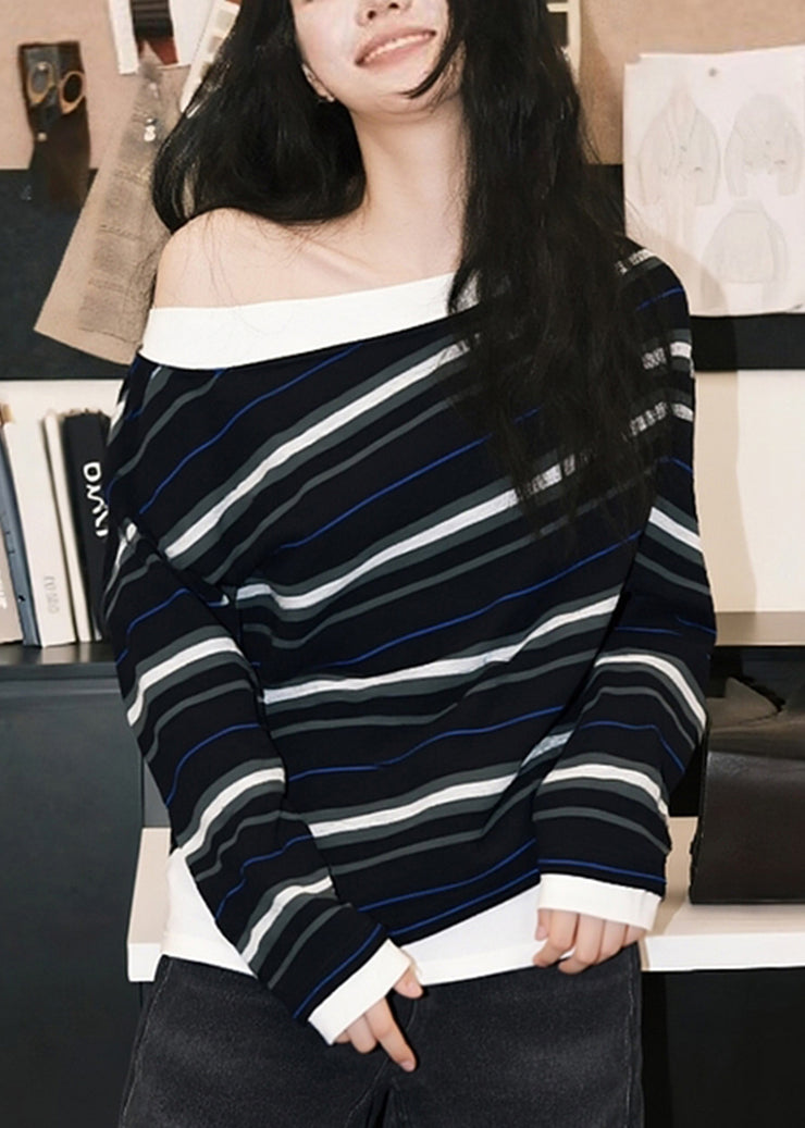 French Black Striped Cold Shoulder Cotton T Shirts Fall
