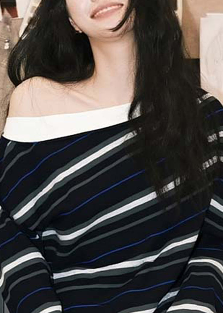 French Black Striped Cold Shoulder Cotton T Shirts Fall