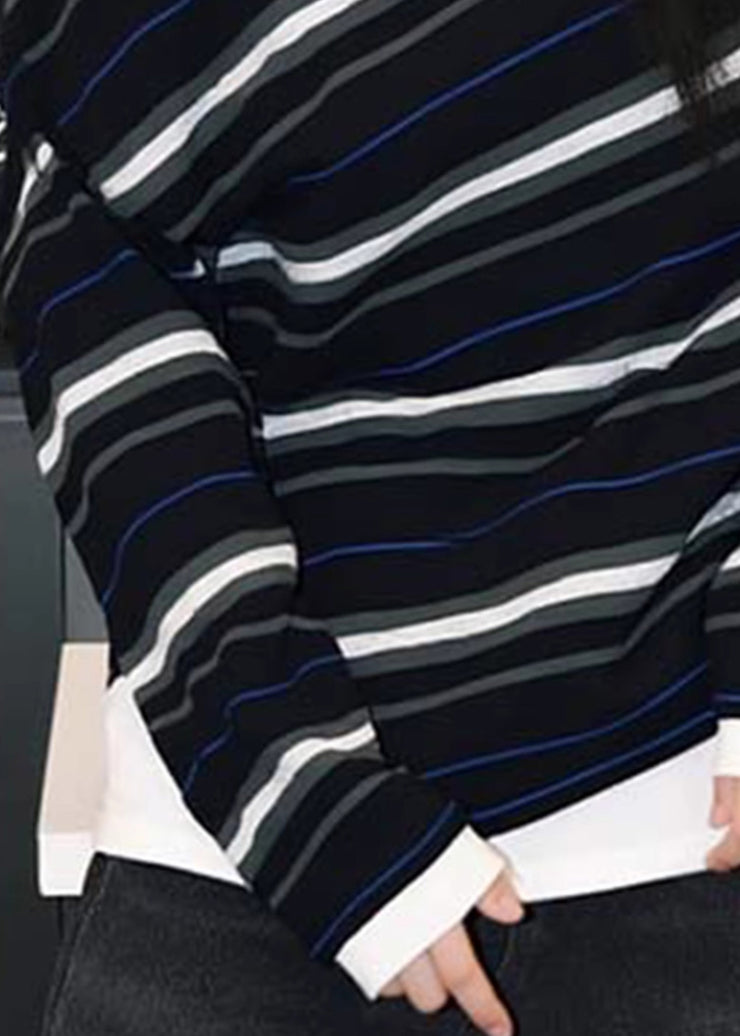 French Black Striped Cold Shoulder Cotton T Shirts Fall