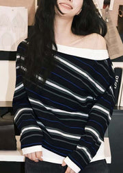 French Black Striped Cold Shoulder Cotton T Shirts Fall