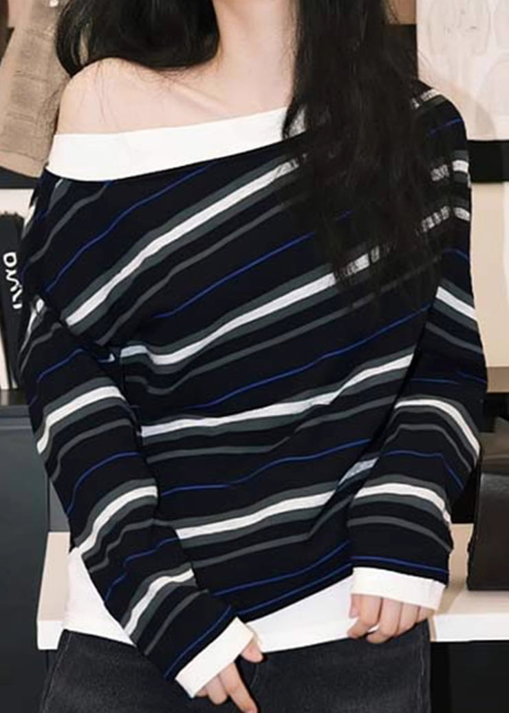 French Black Striped Cold Shoulder Cotton T Shirts Fall