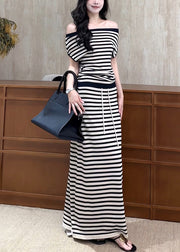 French Black Striped Elastic Waist Knitting Cotton Two Piece Set Summer