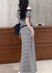 French Black Striped Elastic Waist Knitting Cotton Two Piece Set Summer