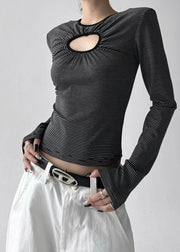 French Black Striped Hollow Out Cotton Top Fall