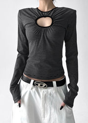 French Black Striped Hollow Out Cotton Top Fall