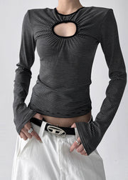 French Black Striped Hollow Out Cotton Top Fall