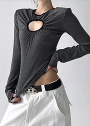 French Black Striped Hollow Out Cotton Top Fall