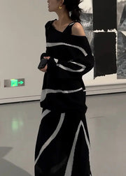 French Black Striped Tops And Dresses Knit Two Piece Set Fall