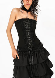 French Black Tie Waist Solid Top Sleeveless