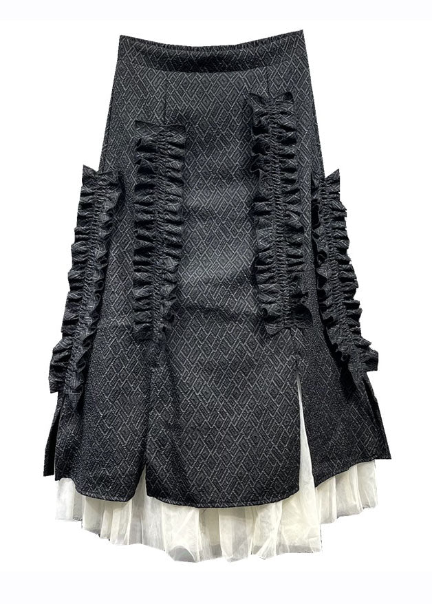 French Black Tulle Patchwork Ruffled Elastic Waist Maxi Skirts