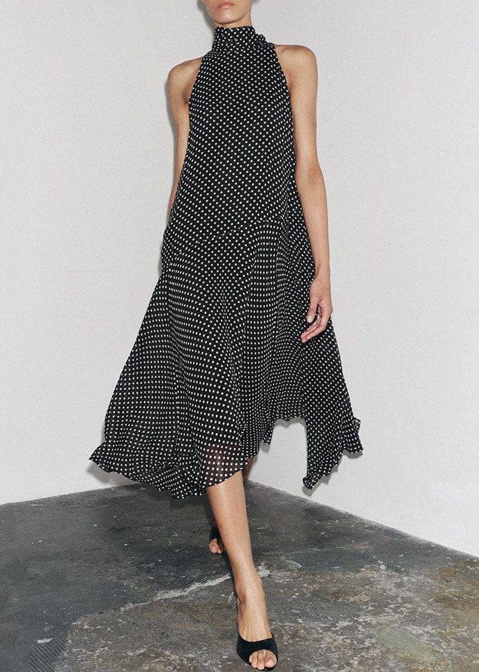 French Black Turtleneck Dot Lace Up Chiffon Long Dress Summer
