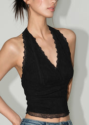 French Black V Neck Backless Lace Halter Tank Top Sleeveless