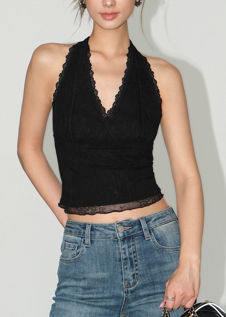 French Black V Neck Backless Lace Halter Tank Top Sleeveless