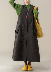 French Black V Neck Button Pockets Fine Cotton Filled Vest Dress Winter