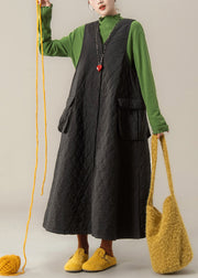 French Black V Neck Button Pockets Fine Cotton Filled Vest Dress Winter