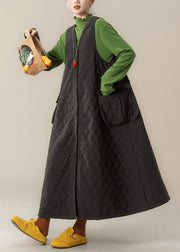 French Black V Neck Button Pockets Fine Cotton Filled Vest Dress Winter