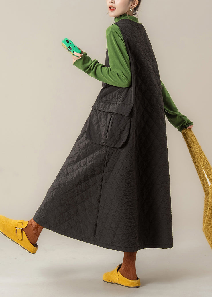 French Black V Neck Button Pockets Fine Cotton Filled Vest Dress Winter