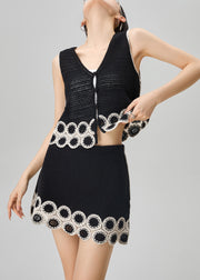 French Black V Neck Hollow Out Knit Two Pieces Set Sleeveless