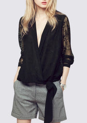 French Black V Neck Hollow Out Lace Shirt Fall