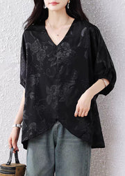 French Black V Neck Jacquard Silk Blouse Top Batwing Sleeve