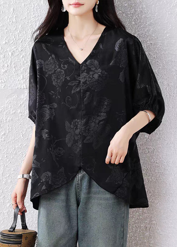 French Black V Neck Jacquard Silk Blouse Top Batwing Sleeve