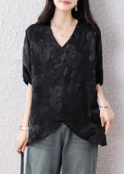 French Black V Neck Jacquard Silk Blouse Top Batwing Sleeve