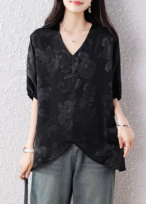 French Black V Neck Jacquard Silk Blouse Top Batwing Sleeve