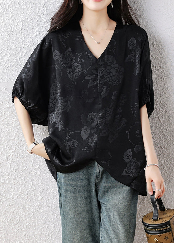 French Black V Neck Jacquard Silk Blouse Top Batwing Sleeve