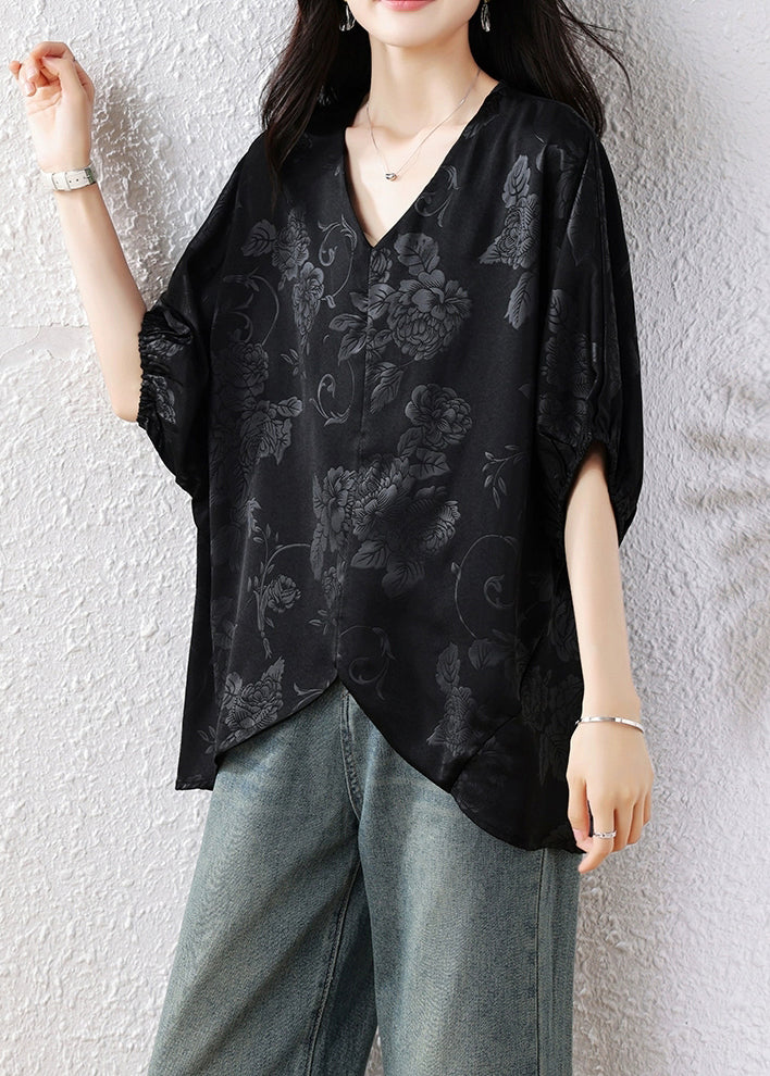 French Black V Neck Jacquard Silk Blouse Top Batwing Sleeve