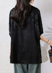 French Black V Neck Jacquard Silk Blouse Top Batwing Sleeve