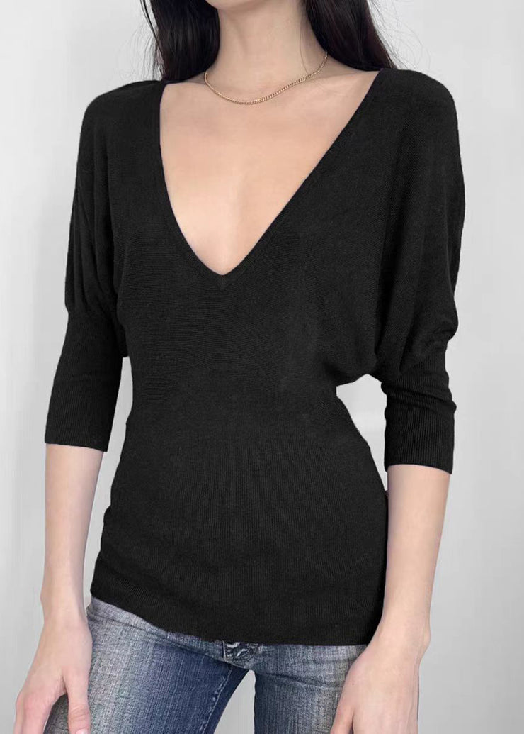 French Black V Neck Knit Shirt Batwing Sleeve