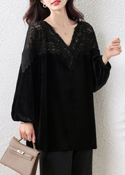 French Black V Neck Lace Patchwork Silk Velour Tops Fall