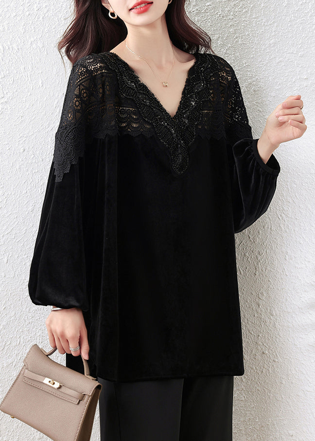 French Black V Neck Lace Patchwork Silk Velour Tops Fall