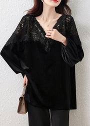 French Black V Neck Lace Patchwork Silk Velour Tops Fall